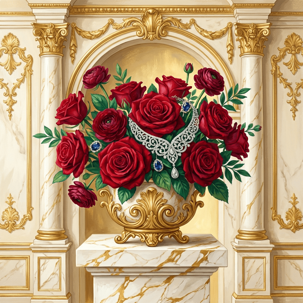 Red roses with a diamond necklace nestled among the petals