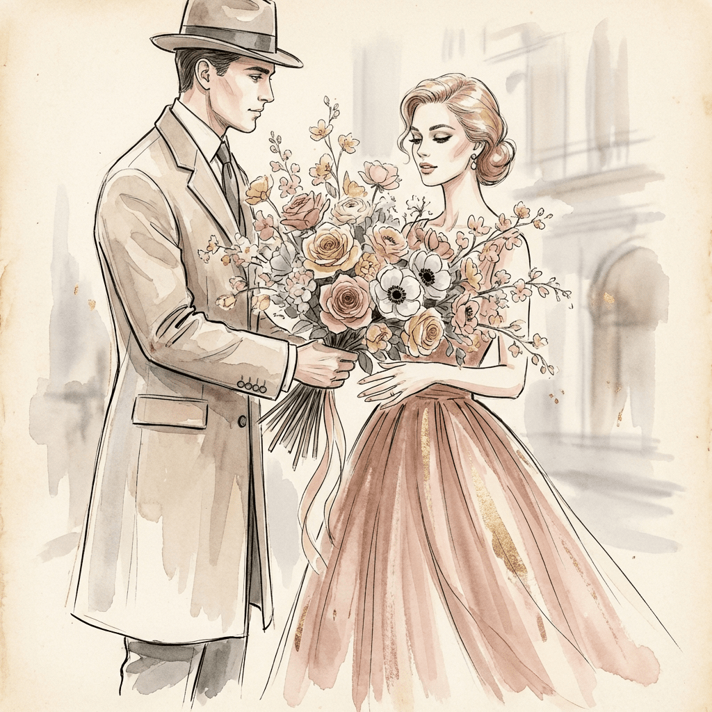 Romantic man giving his girlfriend a Valentine's Day mixed flower bouquet.