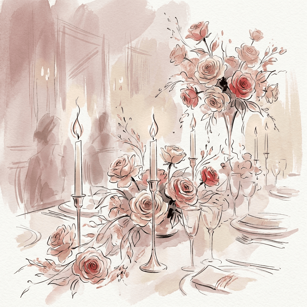 Valentine's Day restaurant table centerpiece with red roses and candles.