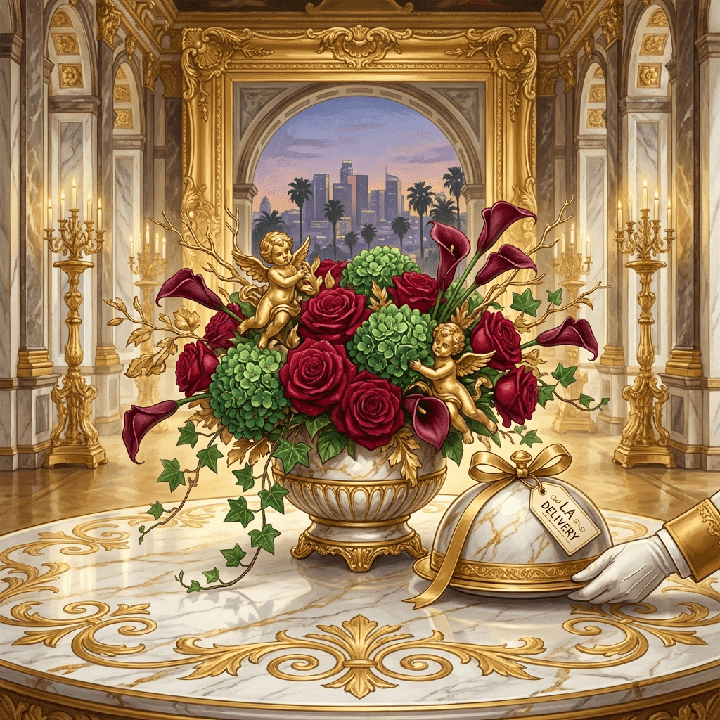 Romantic Valentine's Day flower arrangement being delivered to a restaurant table in Los Angeles
