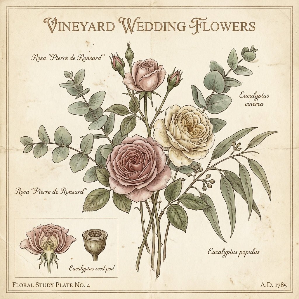 Stunning vineyard wedding floral arrangements featuring roses and eucalyptus.