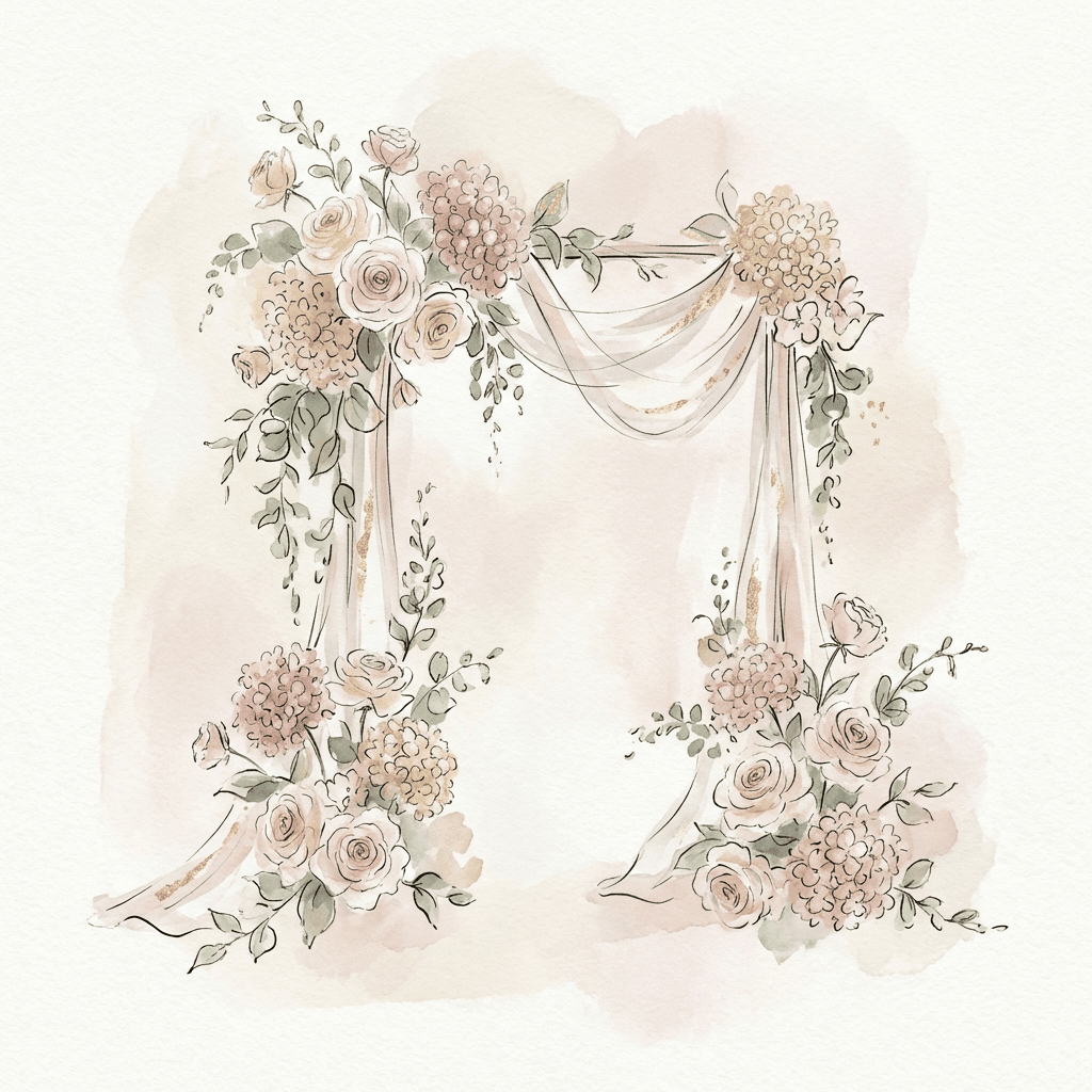 Stunning wedding altar adorned with roses, hydrangeas, and greenery.