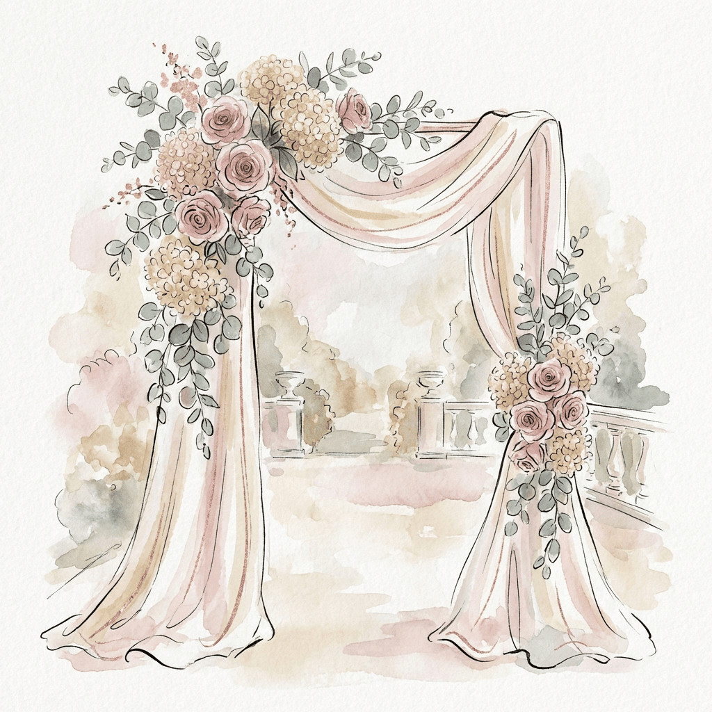 Stunning wedding arch adorned with roses, hydrangeas, and eucalyptus