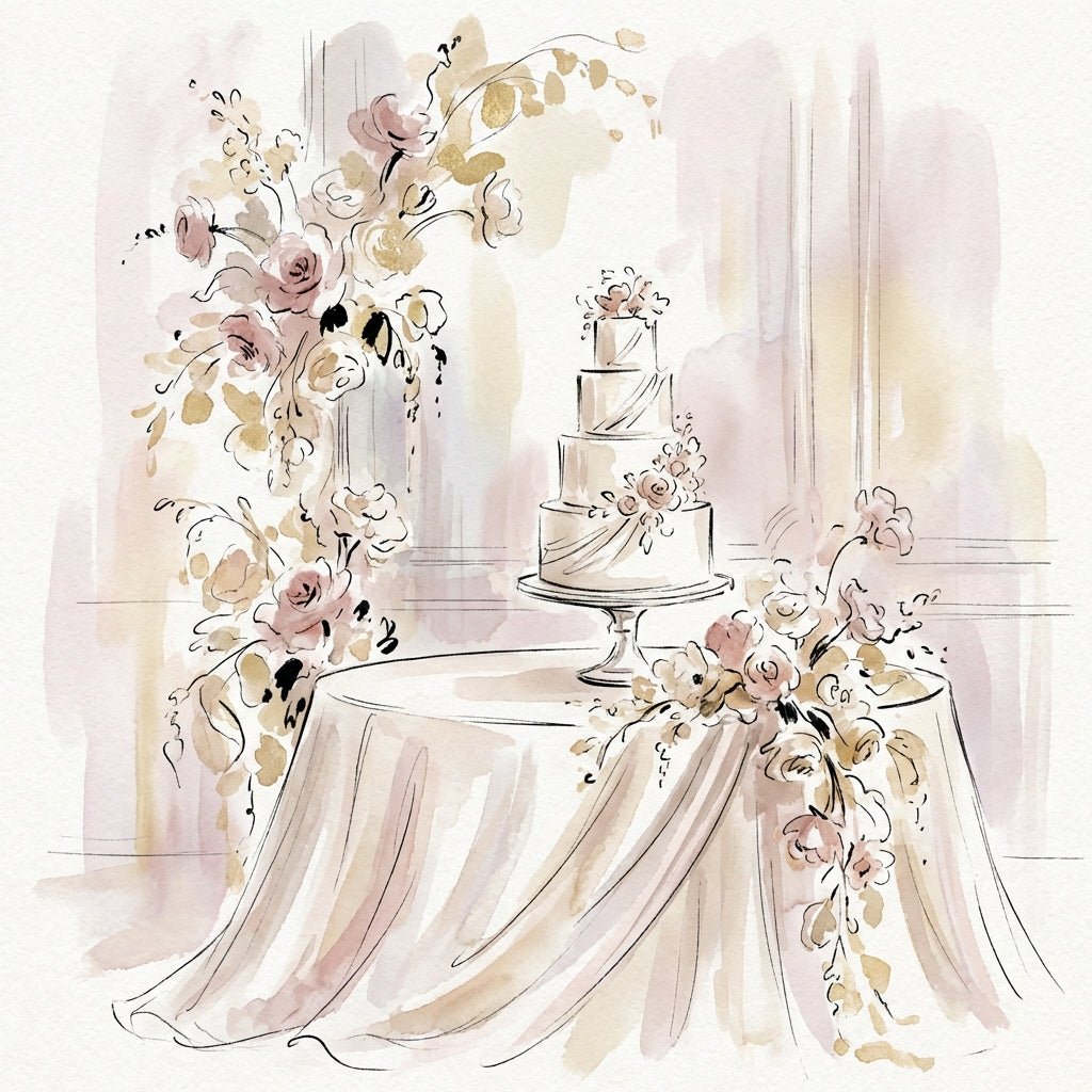 Elegant wedding cake table with floral arrangements