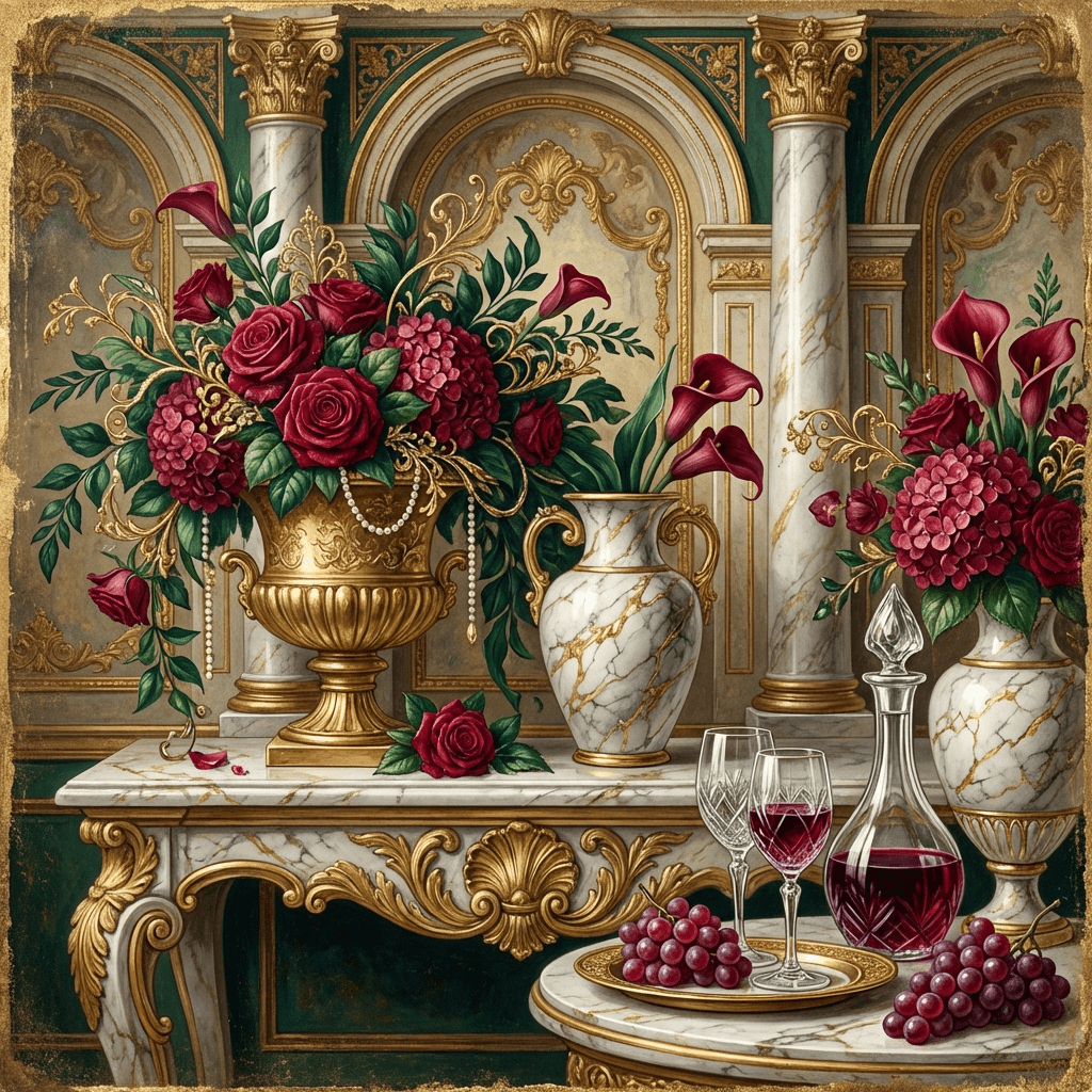 Luxurious floral arrangements complementing fine wine at a wine tasting party.