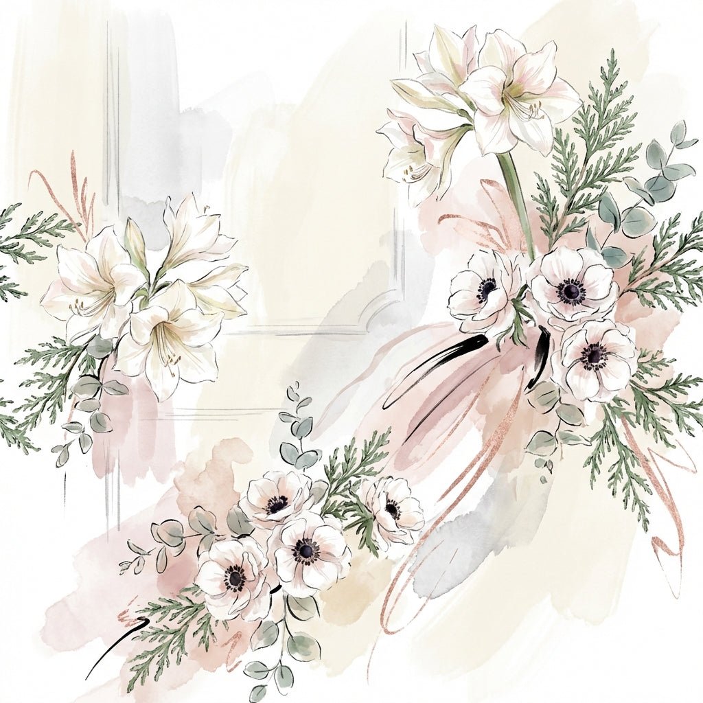 Stunning winter wedding flower arrangement featuring white amaryllis, anemones, and evergreens.