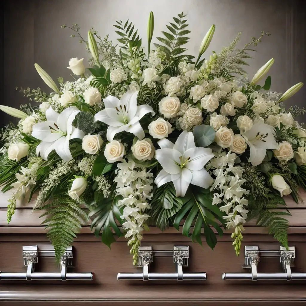 Custom funeral flower arrangement with seasonal blooms, designed to honor and pay tribute with elegance and grace