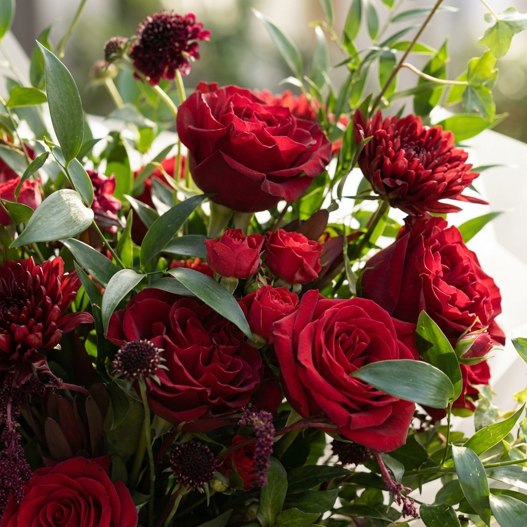 Close up detail of Bordeaux arrangement showing velvety red rose petals and burgundy chrysanthemum textures