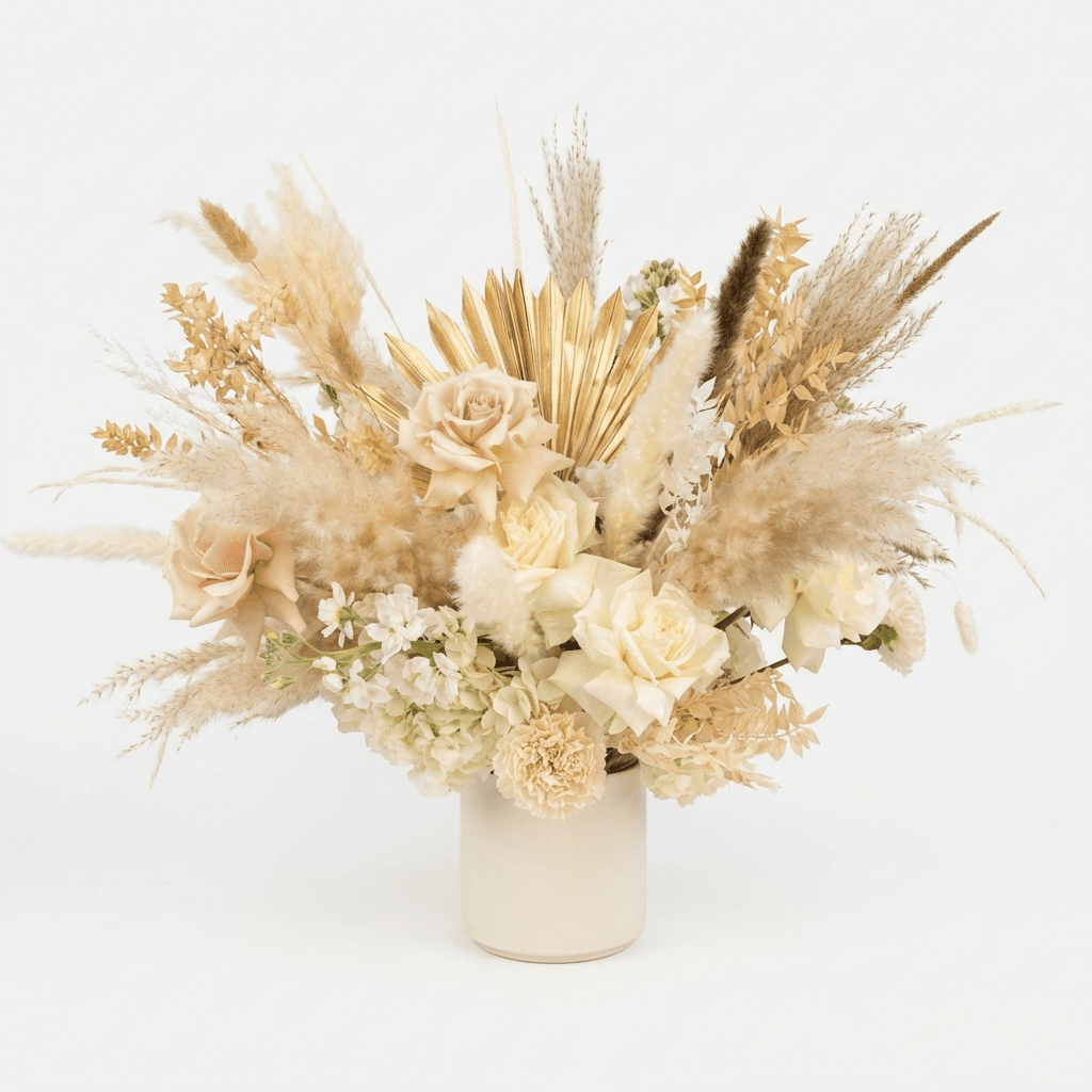 Desert Bloom flower arrangement featuring creamy white roses, blush carnations, fluffy beige pampas grass, and a gold palm fan in a minimalist ceramic vase