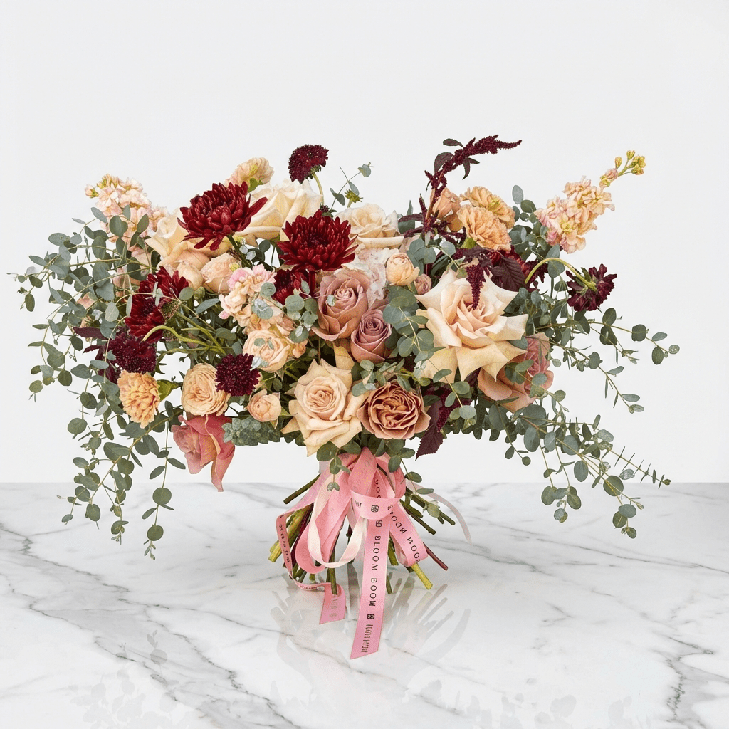 Peaches and Pinot luxury flower arrangement featuring antique peach roses, deep burgundy dahlias, and cascading eucalyptus - marble elegance background