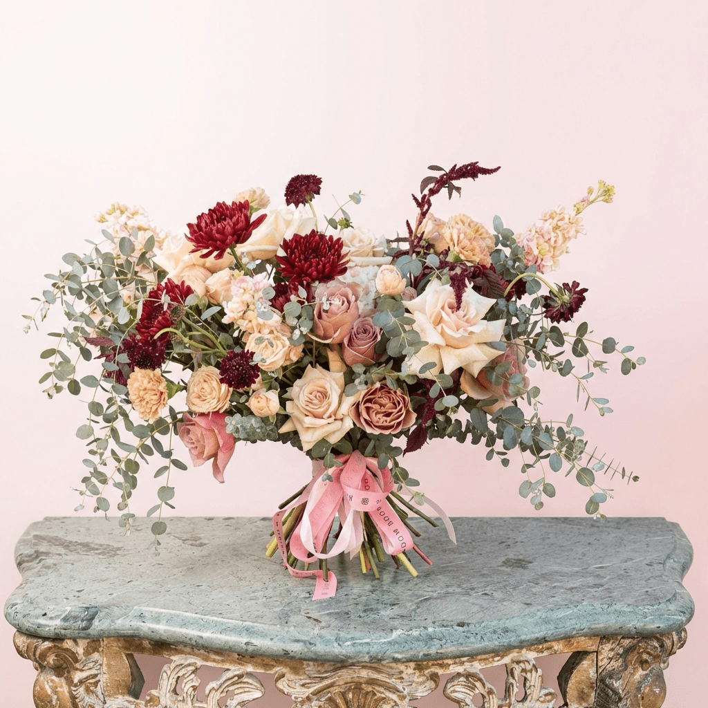 Peaches and Pinot luxury flower arrangement featuring antique peach roses, deep burgundy dahlias, and cascading eucalyptus - soft blush gradient background