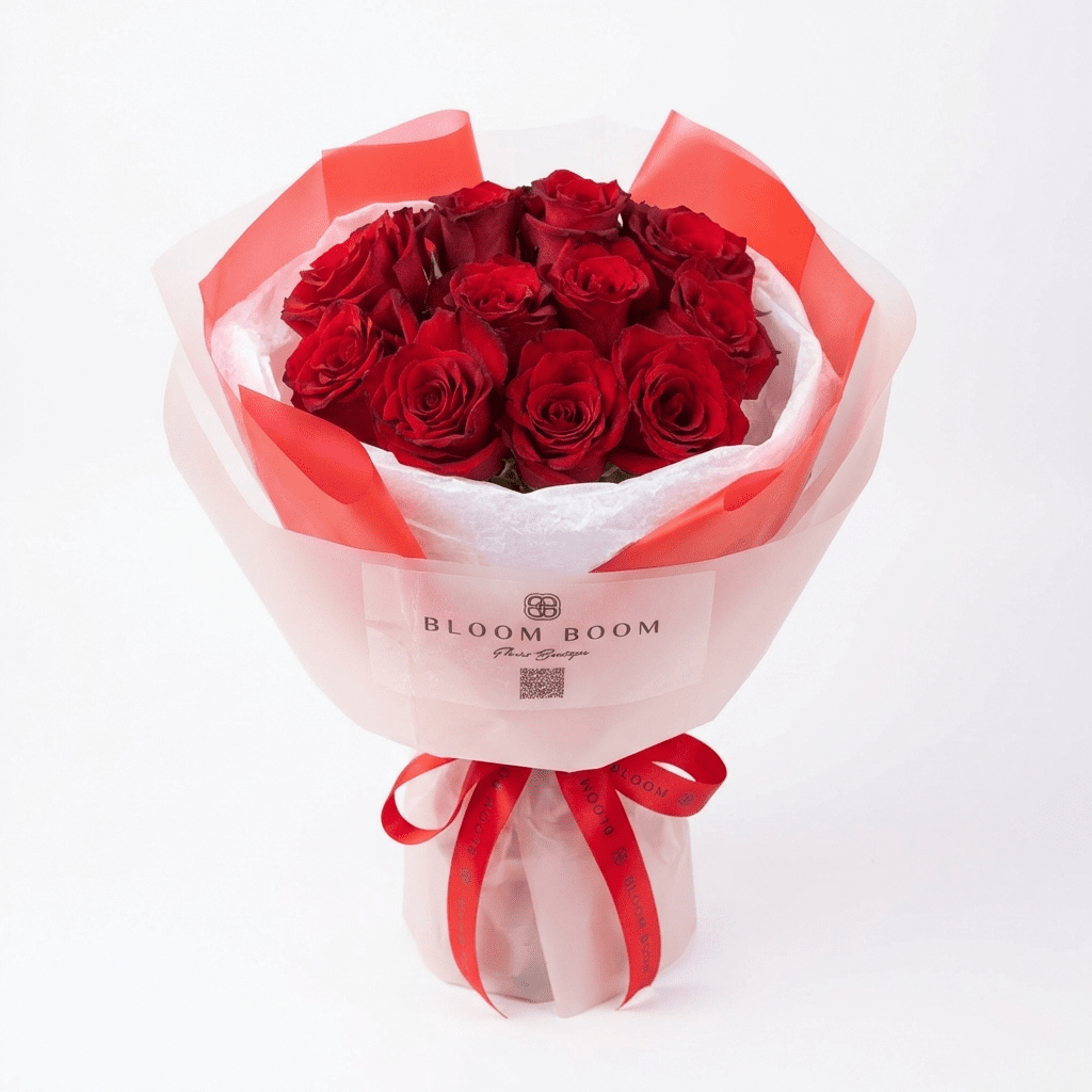Crimson Allure flower arrangement - a bouquet of premium deep red roses wrapped in translucent paper with a red ribbon