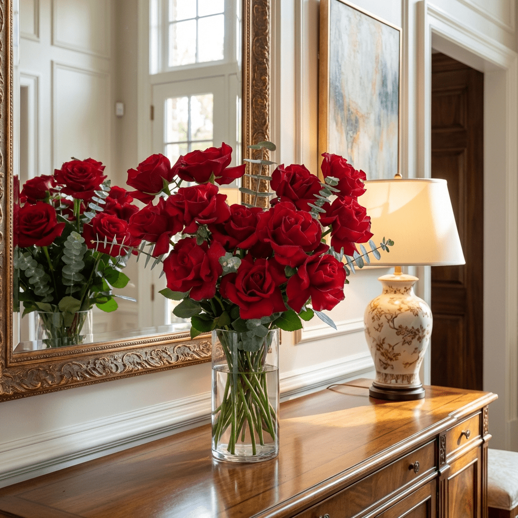The Dozen Roses displayed on an elegant entryway table