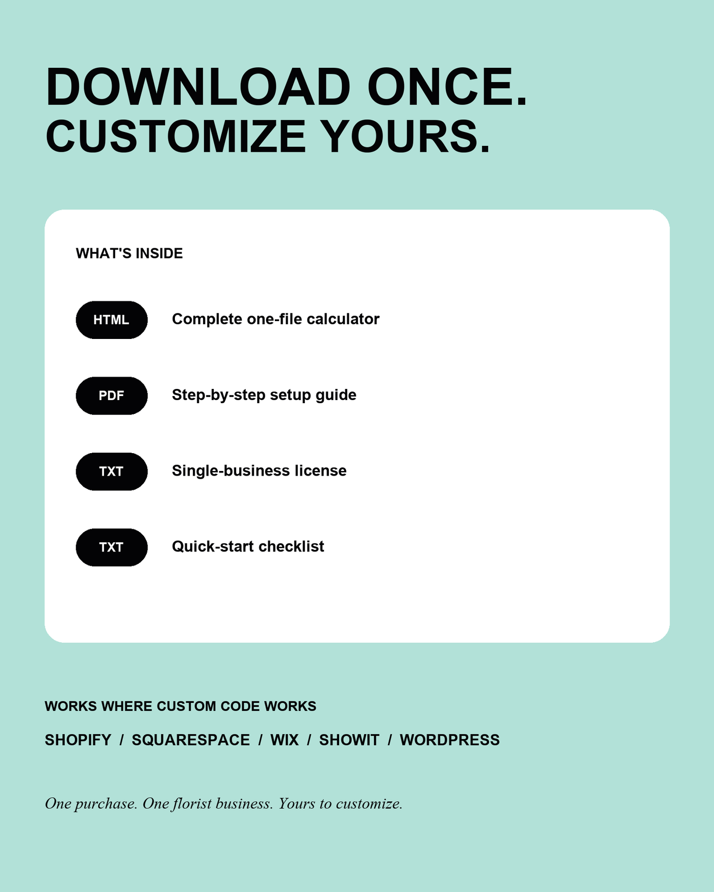 Florist Pricing Calculator package contents and supported website platforms