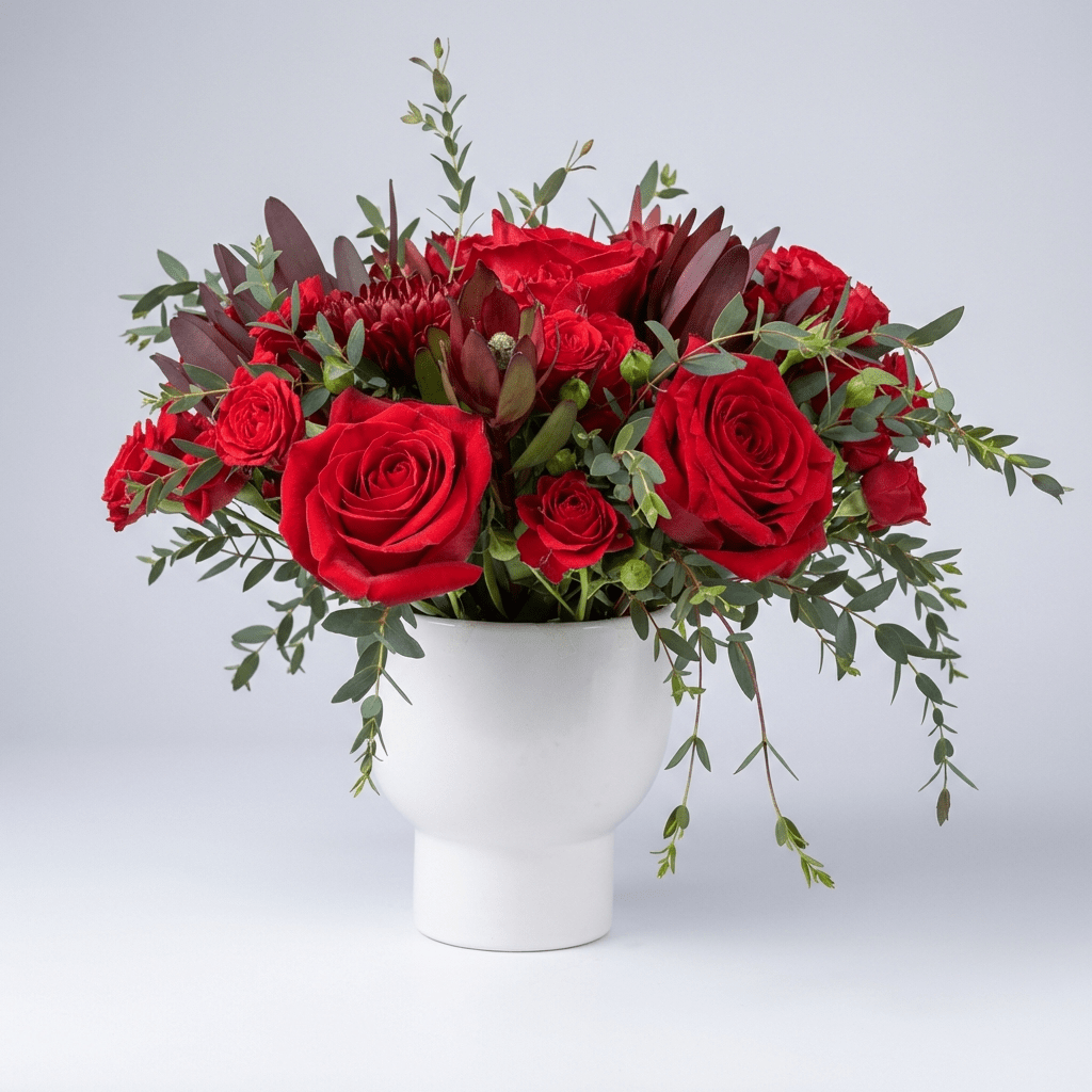 Crimson Kiss red rose arrangement - three quarter view
