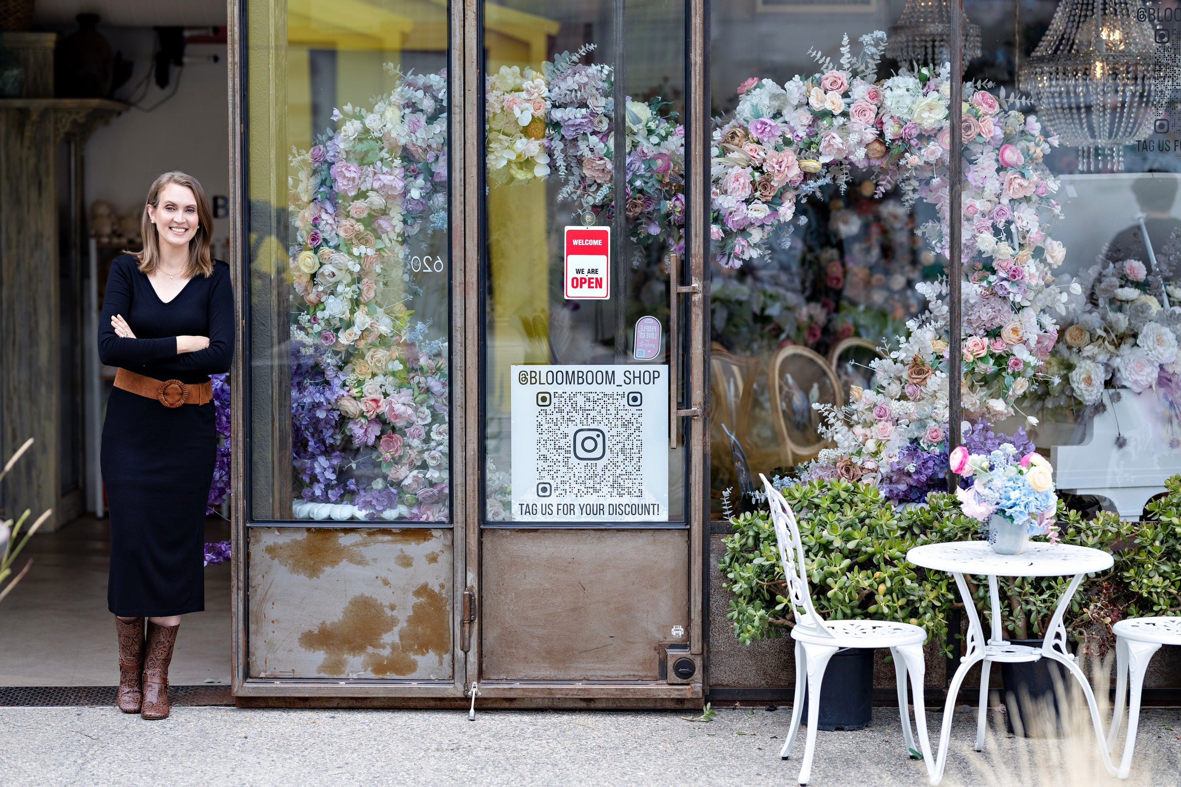 Megan Hoelle outside Bloom Boom’s flower-covered West Hollywood storefront