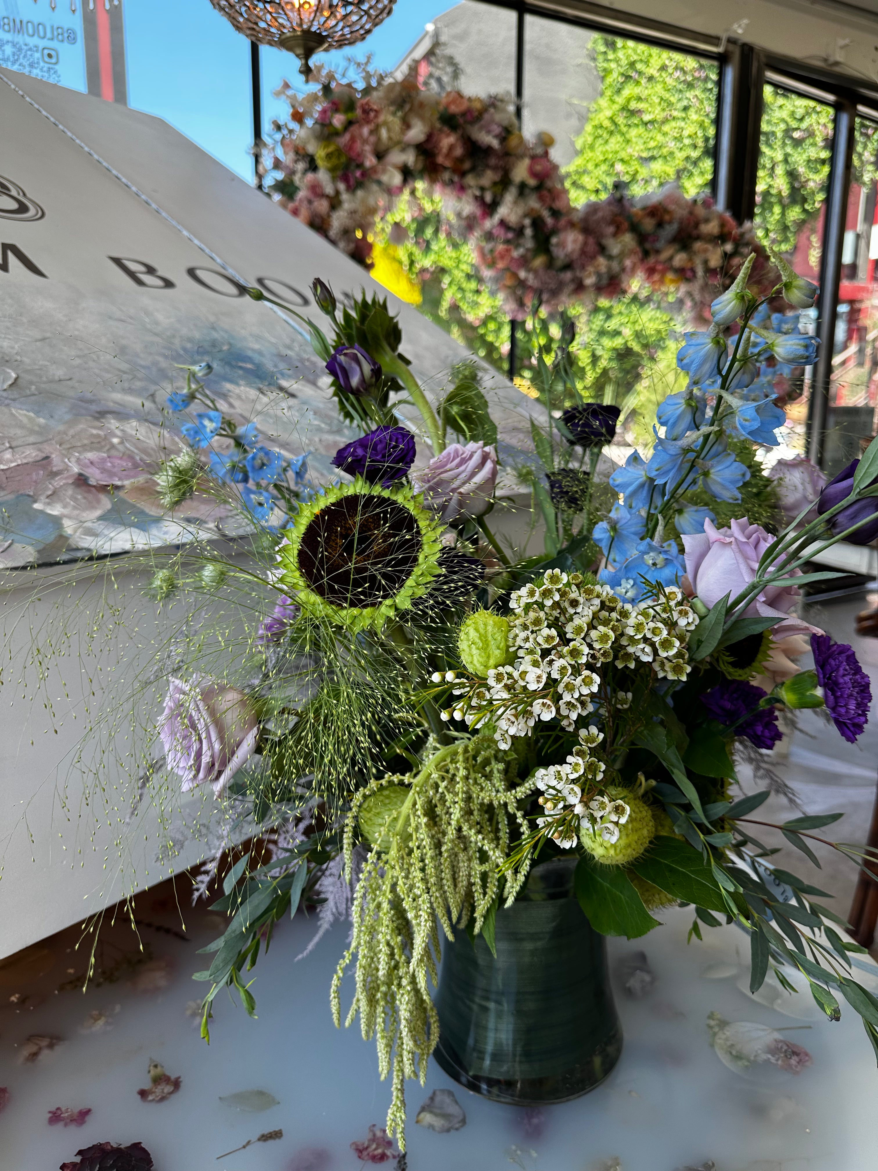Cool-Toned Garden Style Arrangement with Roses, Delphinium, and Lisianthus