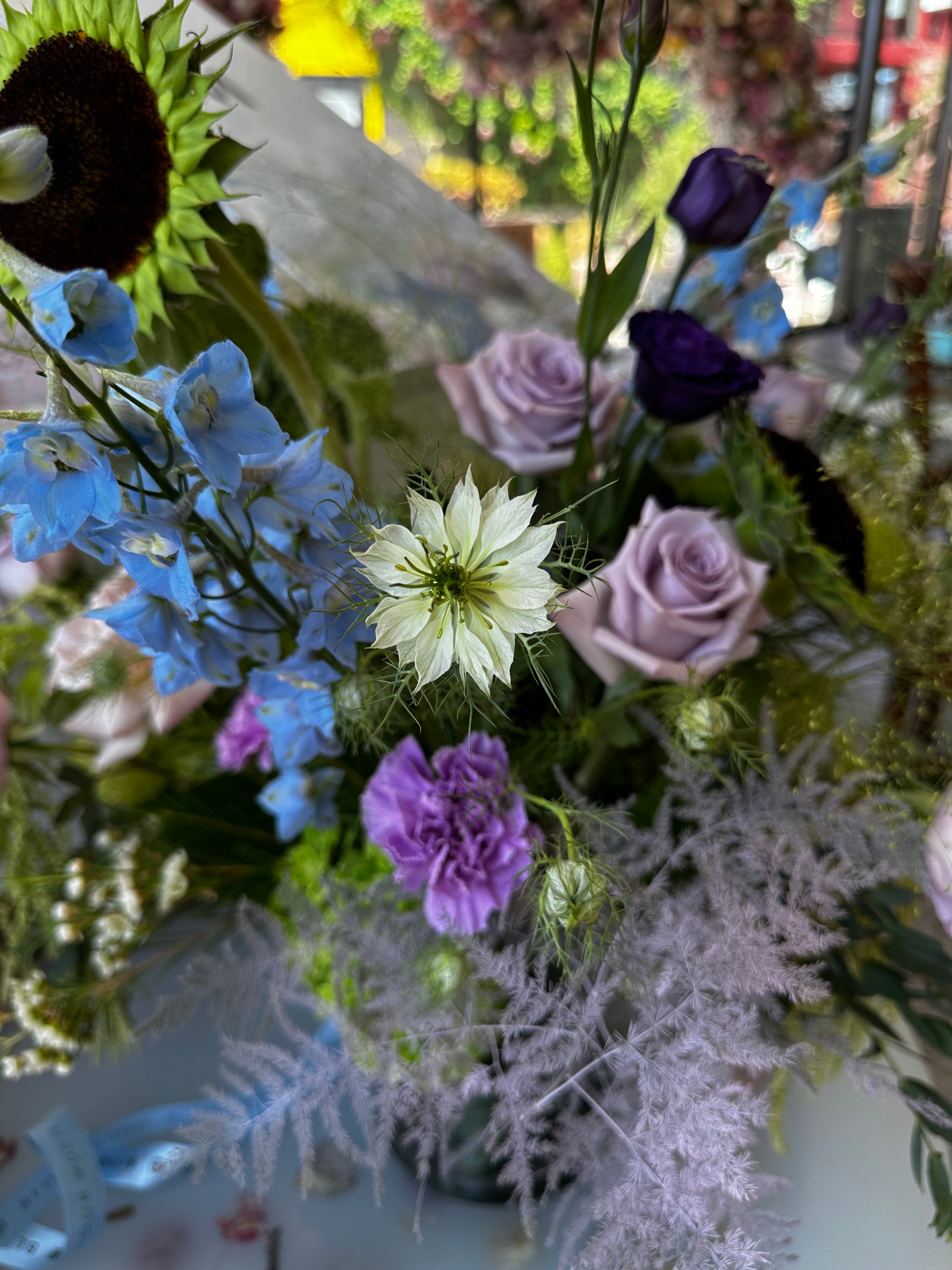 Cool-Toned Garden Style Arrangement with Roses, Delphinium, and Lisianthus