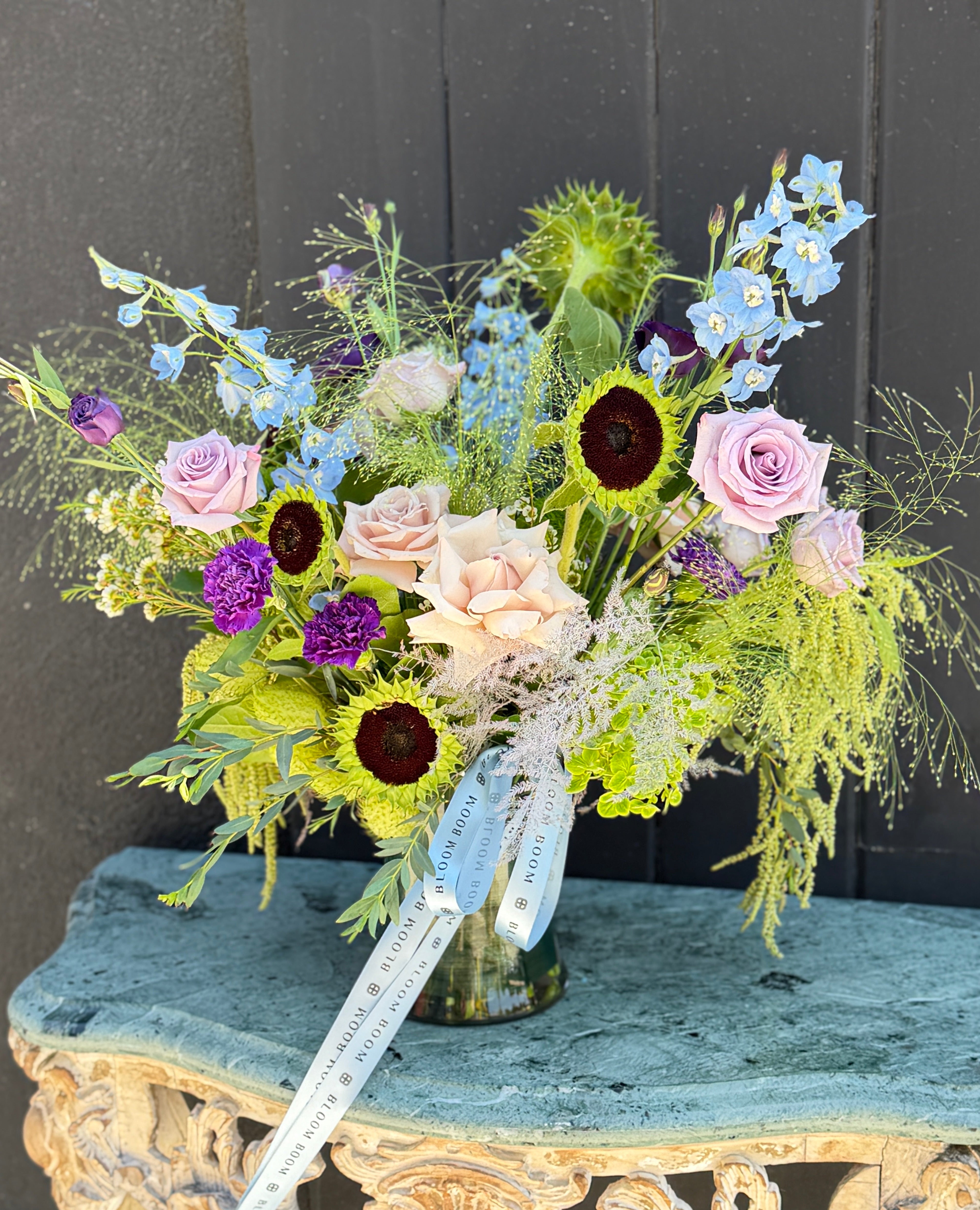 Cool-Toned Garden Style Arrangement with Roses, Delphinium, and Lisianthus