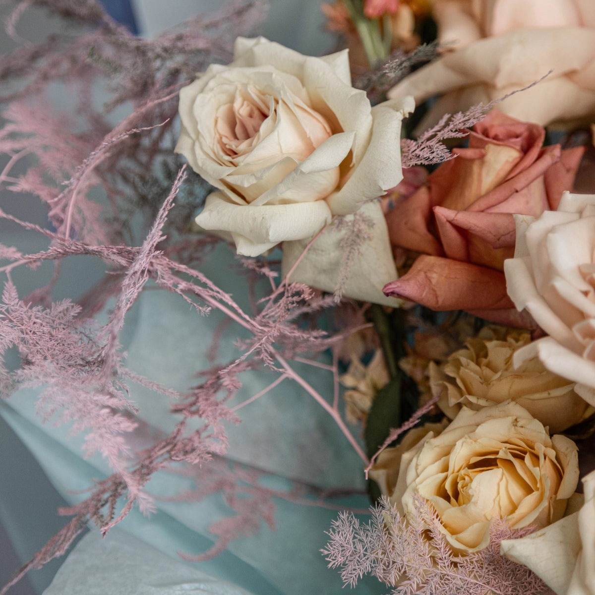 Bouquet "Vanilla Sky" with rose hydrangea and delphiniums