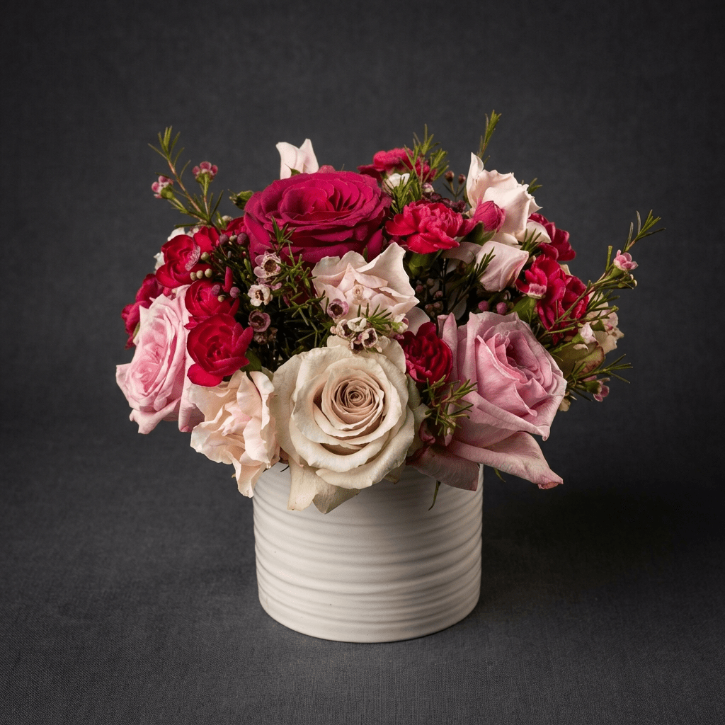 Berry Twilight flower arrangement - close up of antique lavender, blush, and deep magenta roses with waxflower accents in a white ribbed vase