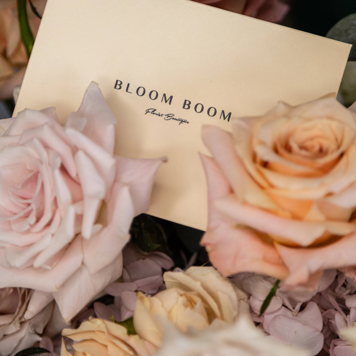 Bloom Boom flower boutique card surrounded by pink and peach roses with cream flowers and purple petals