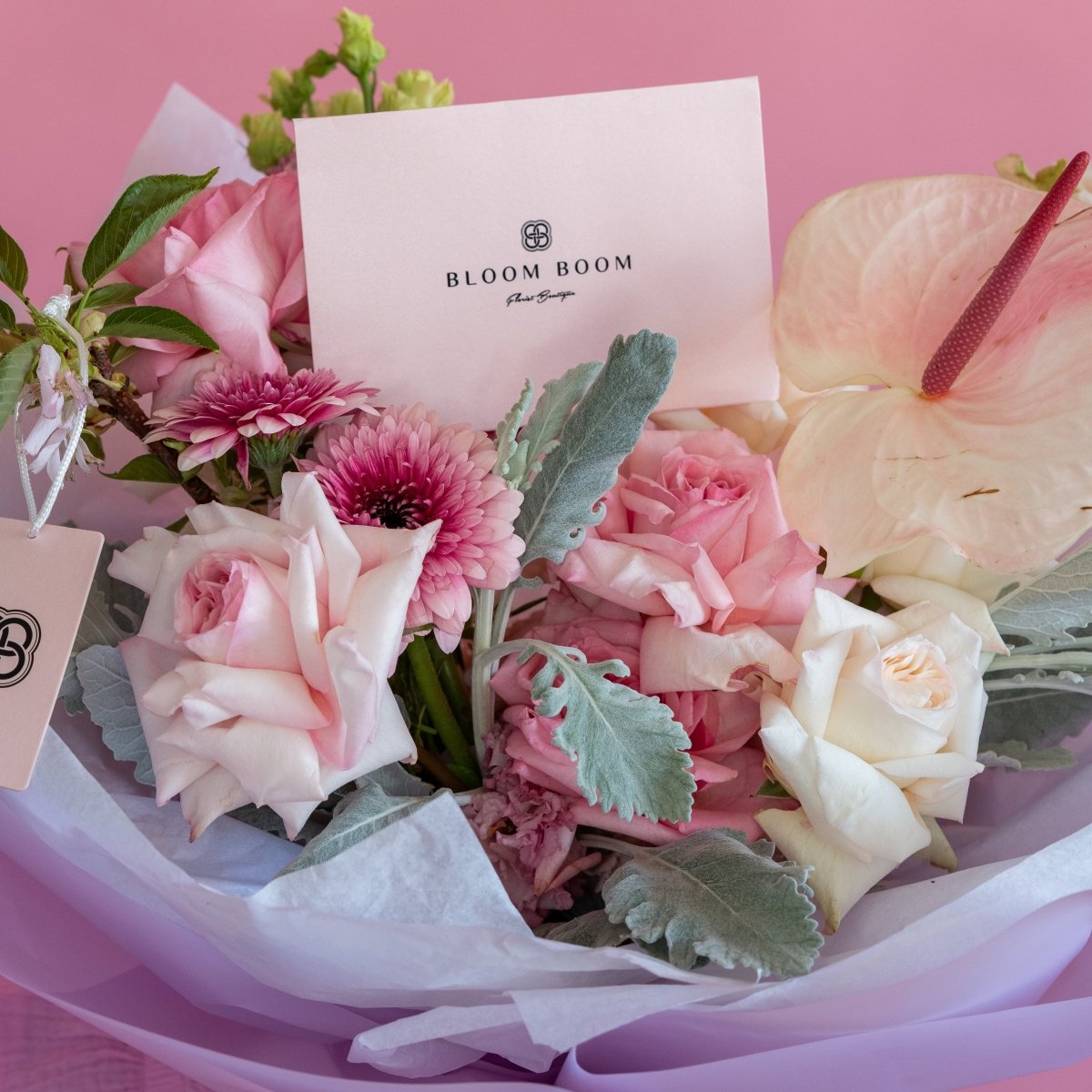 Pink and white rose bouquet with anthurium, chrysanthemums and dusty miller leaves in white wrapping