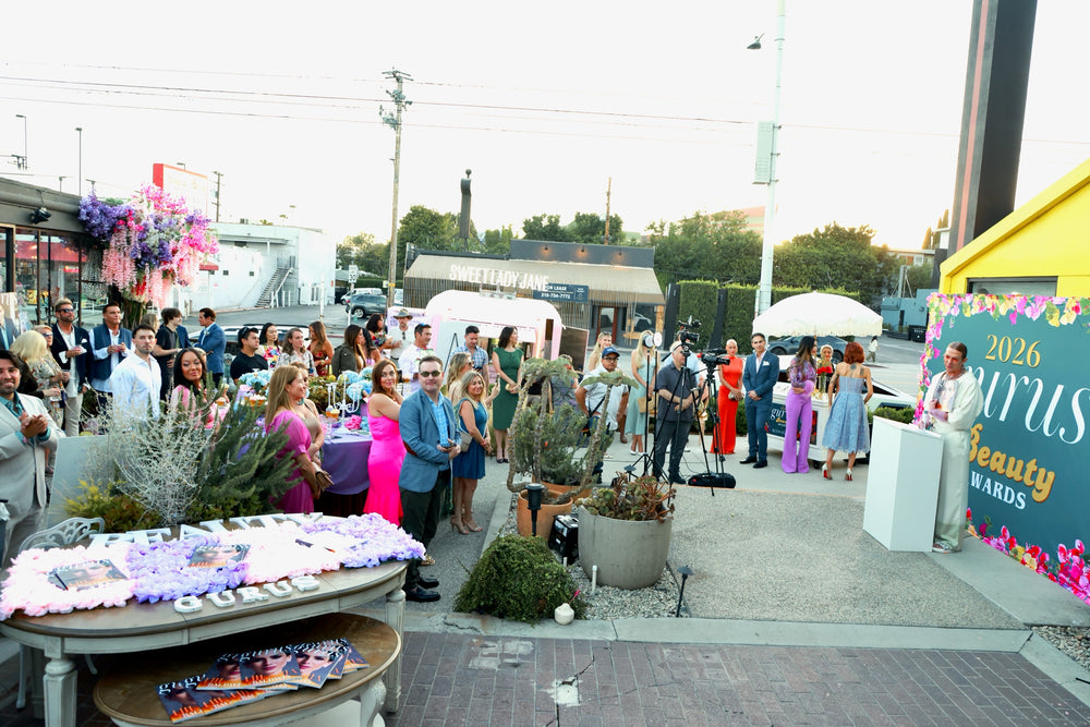 Guests gathered on the outdoor patio at golden hour for the 2026 Guru Beauty Awards ceremony