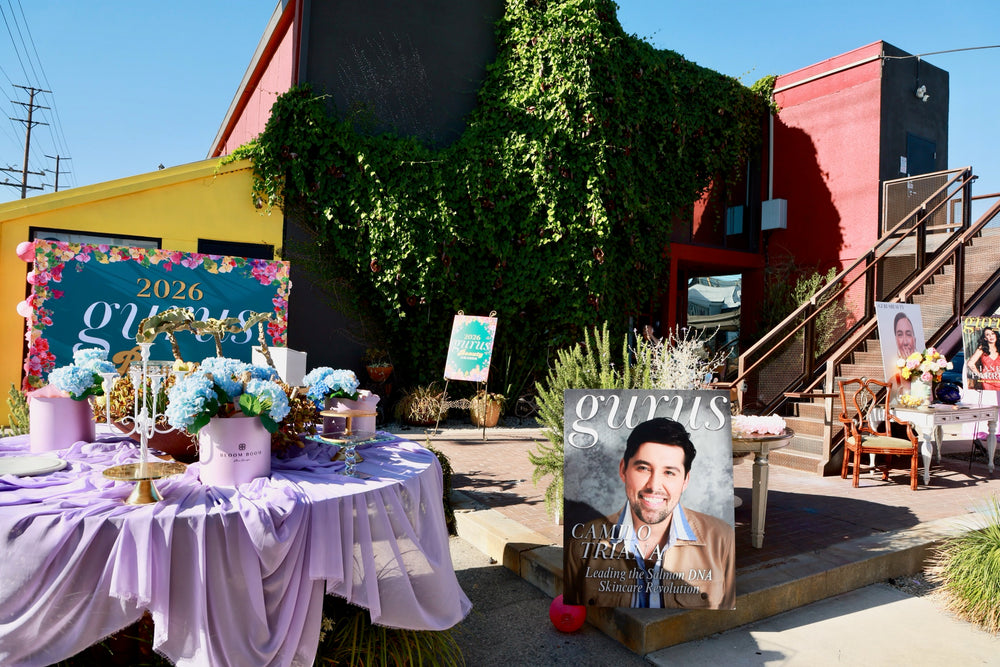 Lavender-draped patio tablescape with hydrangeas in front of the 2026 awards backdrop