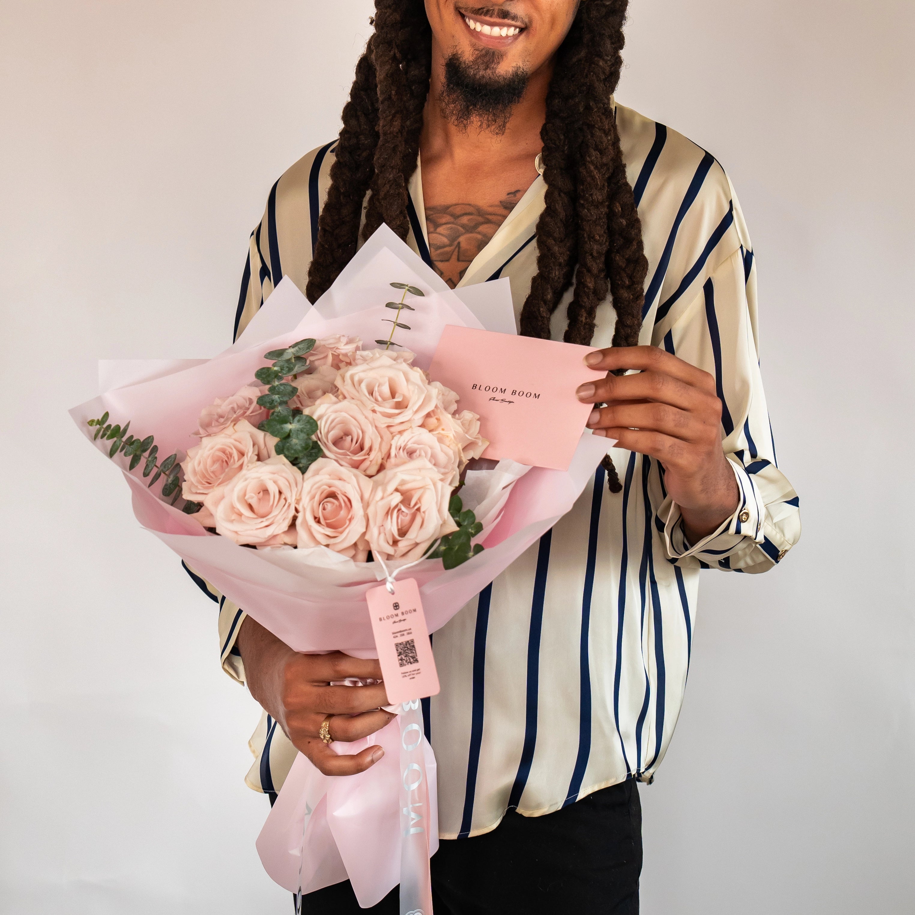 Blush pink rose bouquet with eucalyptus in pink wrapping, Bloom Boom Flowers Los Angeles florist delivery gift