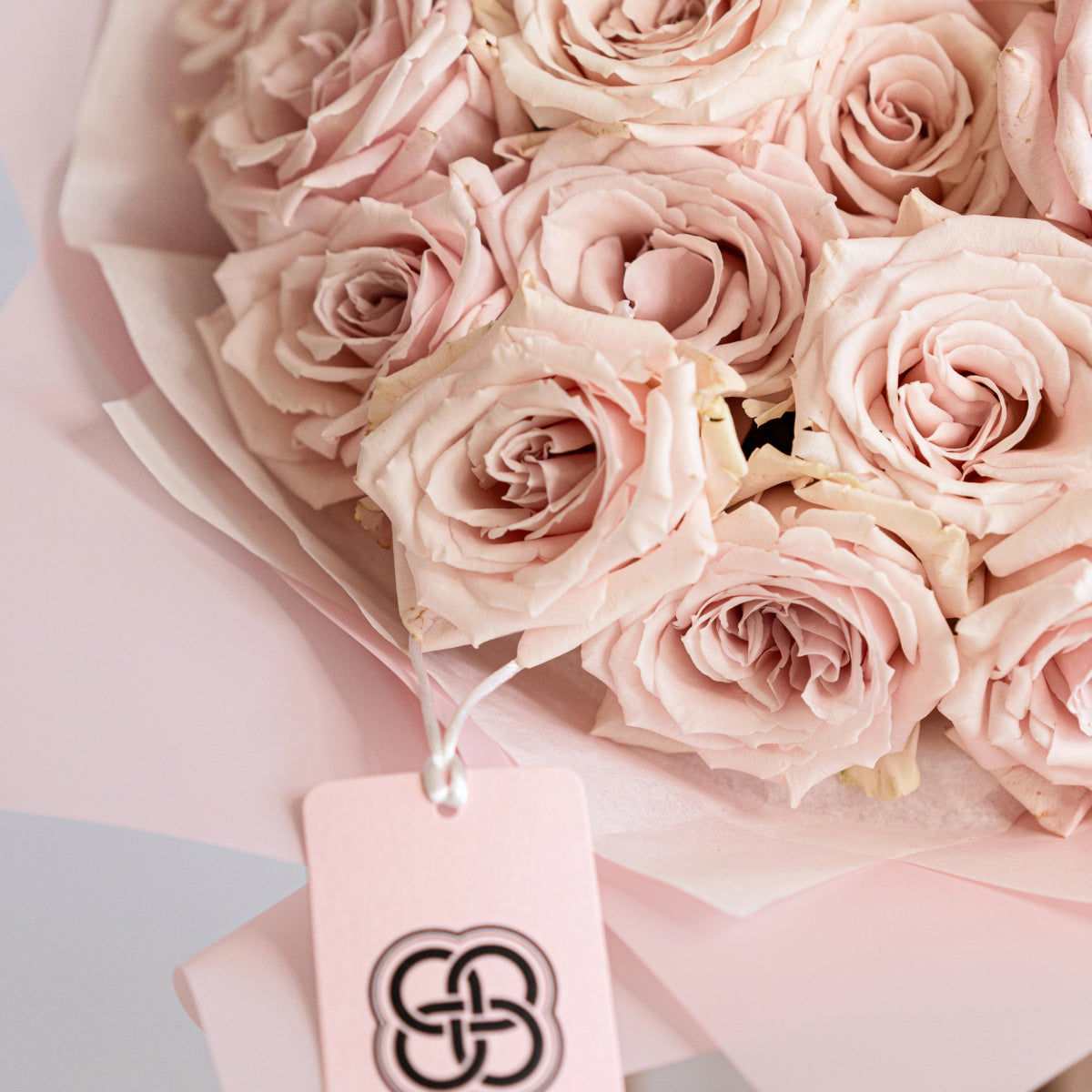 Blush pink roses bouquet wrapped in soft pink paper with satin ribbon and brand tag