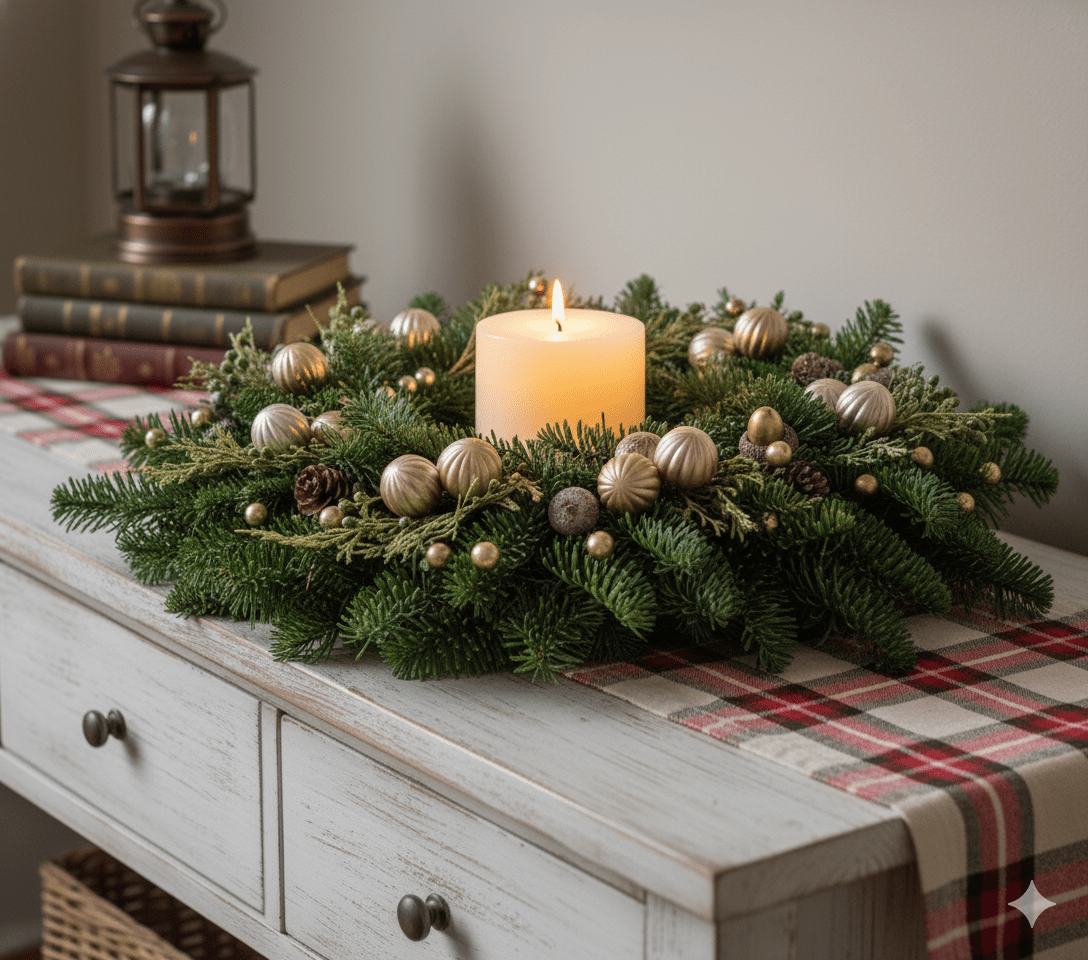 Christmas wreath centerpiece with lit cream candle, gold ornaments, pine cones on evergreen branches