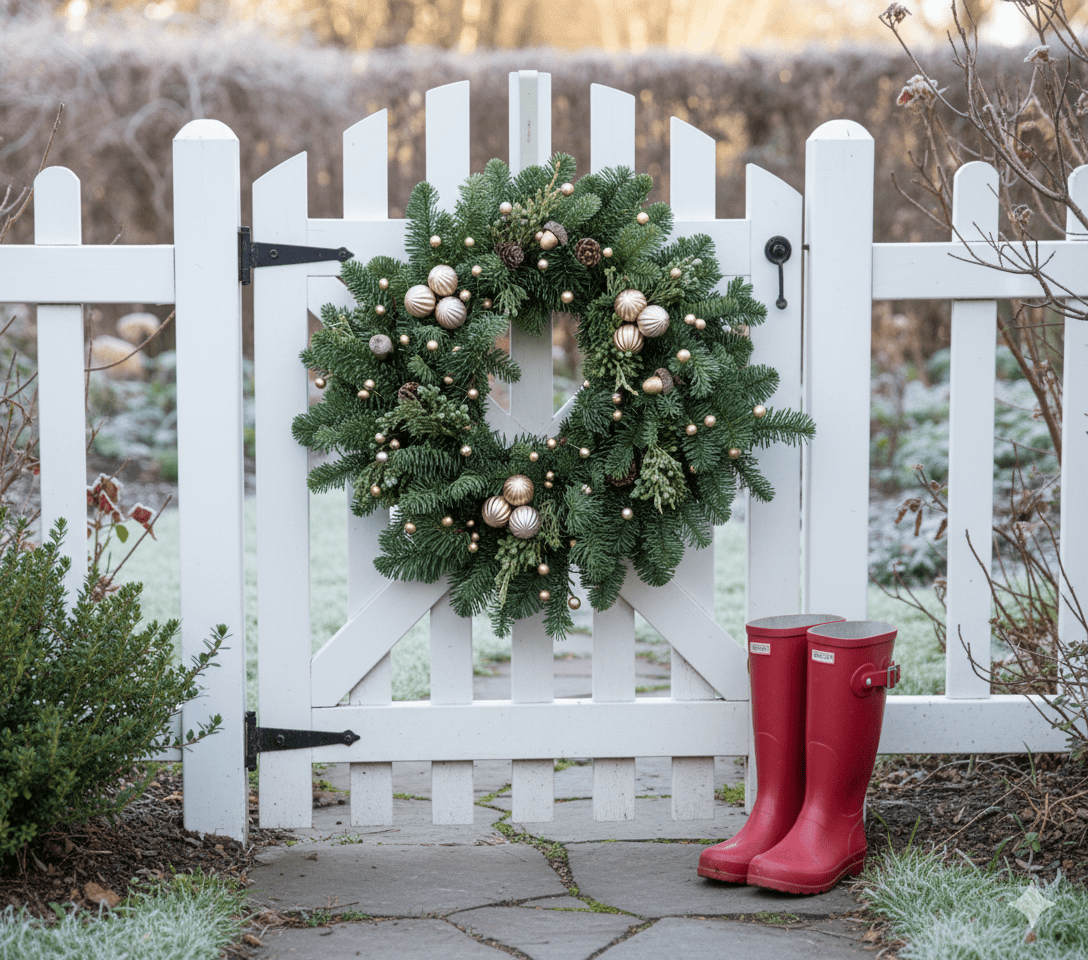 Green evergreen Christmas wreath with gold ornaments and pinecones hanging on white picket fence gate