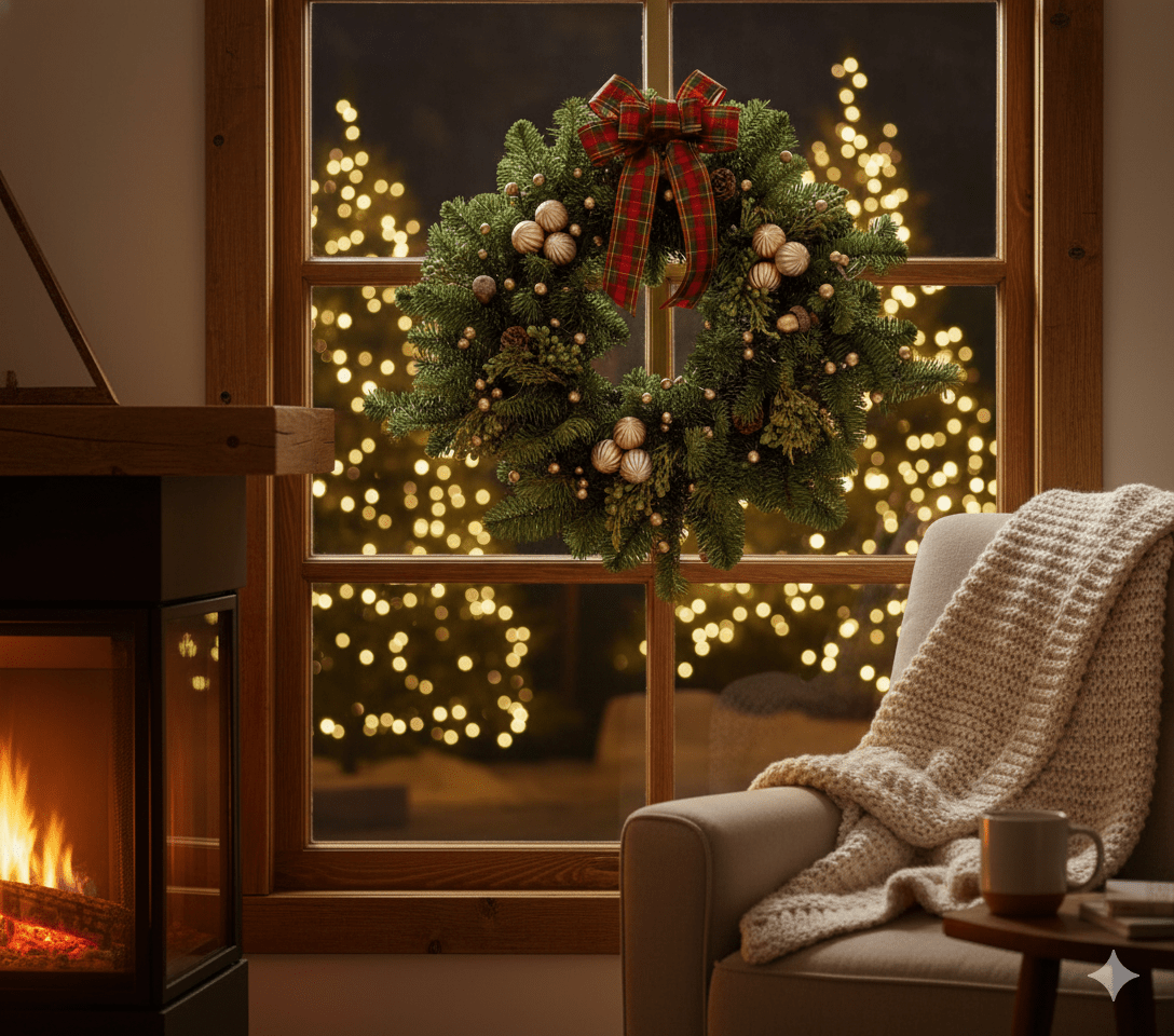 Green evergreen Christmas wreath with red plaid bow, gold ornaments and walnuts hanging on window with string lights
