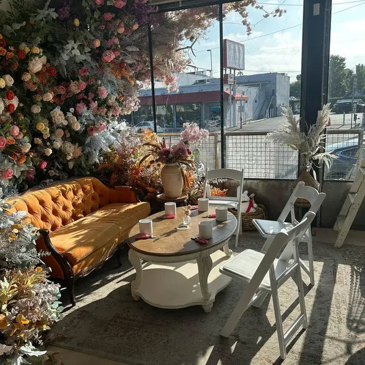 Table with light refreshments and drinks at Bloom Boom floral workshop
