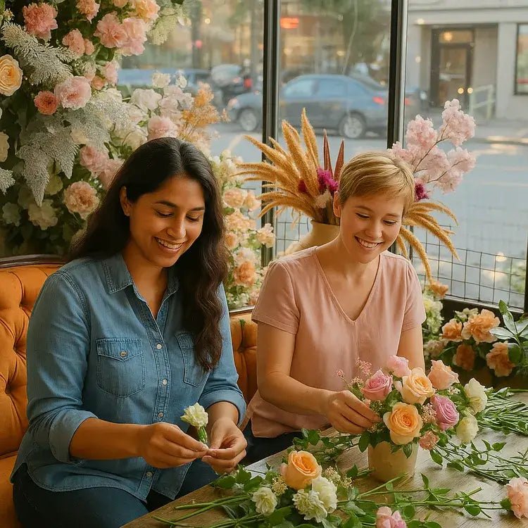 Participant creating a neutral summer centerpiece at Bloom Boom workshop