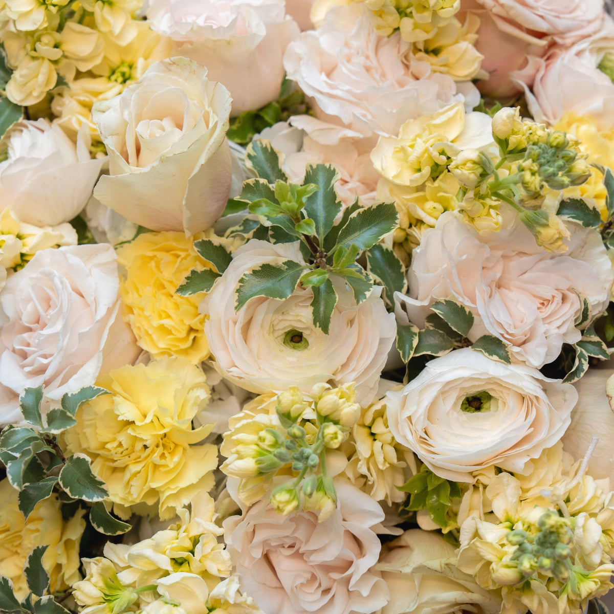 Mixed flower bouquet with cream roses, yellow ranunculus, and blush pink flowers with green foliage