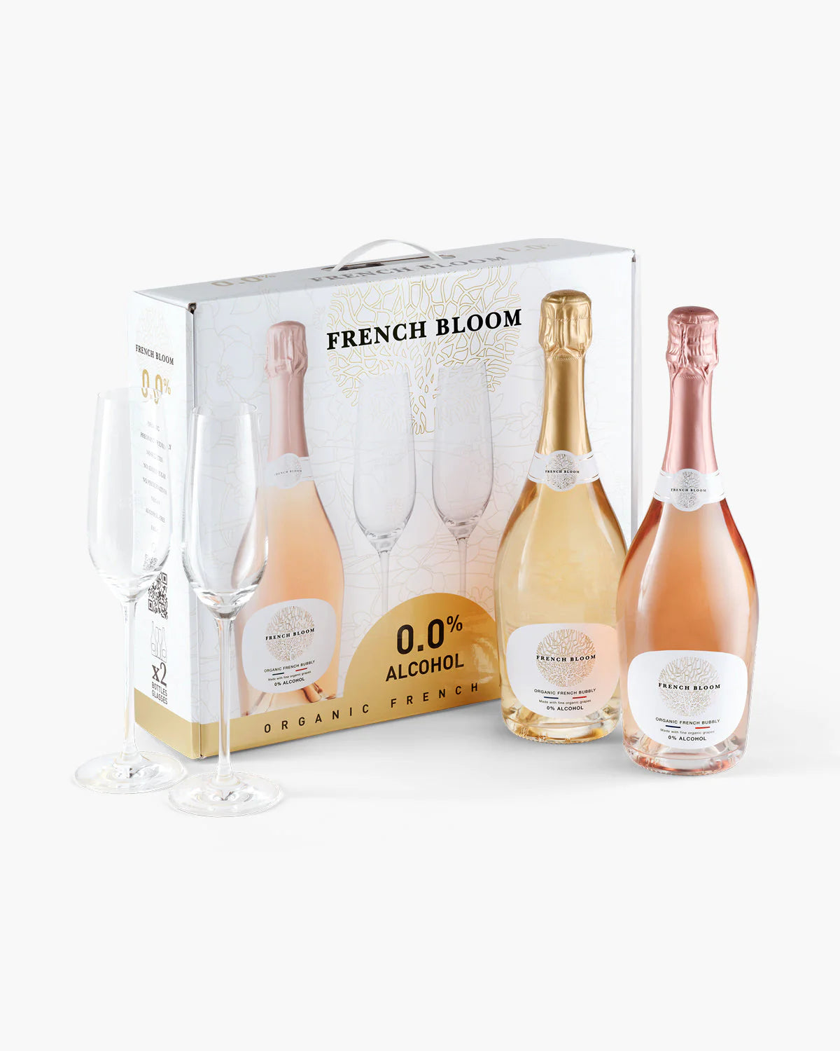 French Bloom non-alcoholic champagne gift set with rosé and blanc bottles plus two flutes in elegant white box