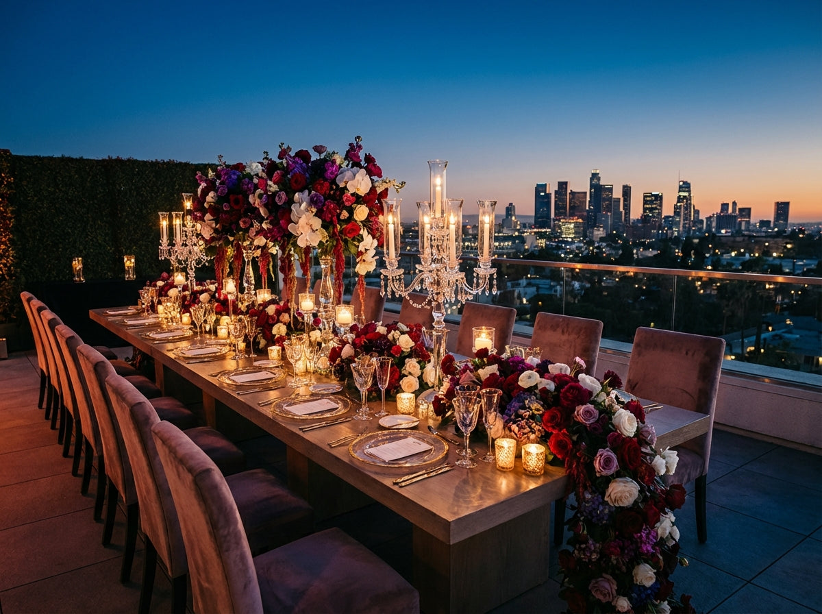 Beautifully set gala dinner table with floral centerpieces and LA skyline