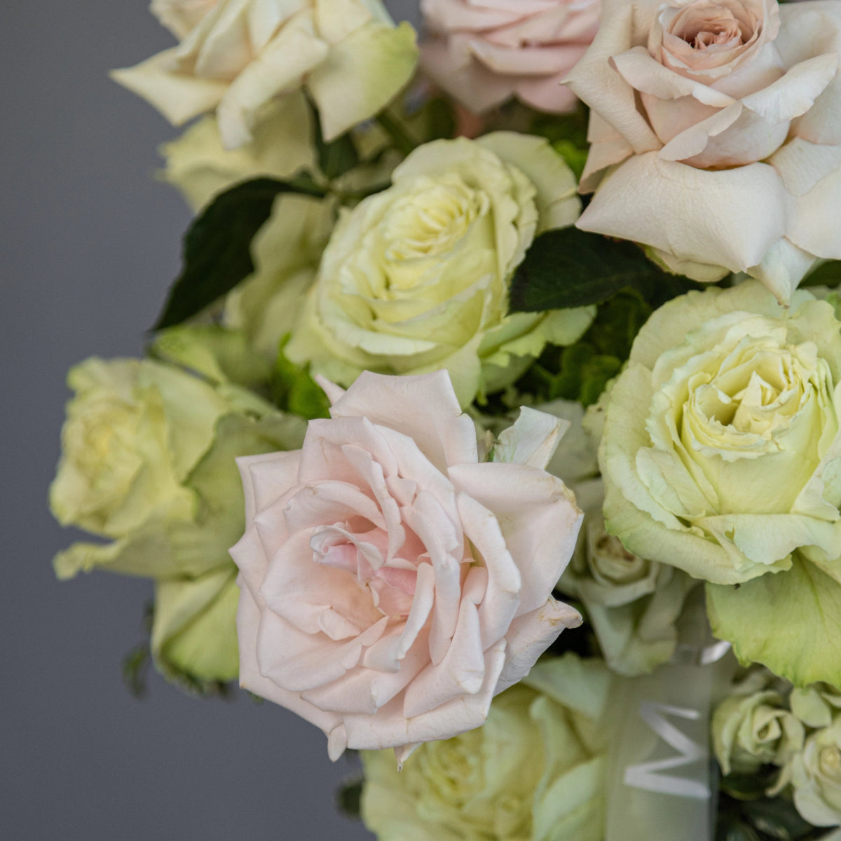 Elegant bouquet with pale green and soft pink roses with green foliage in clear glass vase