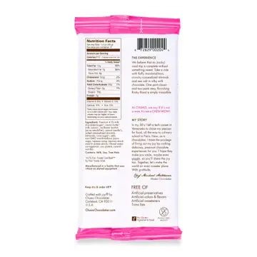 Pink packaged product back panel showing nutrition facts, ingredients list, and barcode with white background