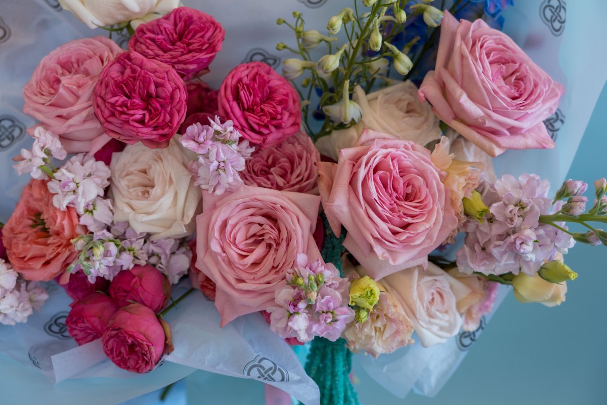 Mixed pink rose bouquet with deep pink ranunculus, cream roses, and white stock flowers wrapped in teal ribbon
