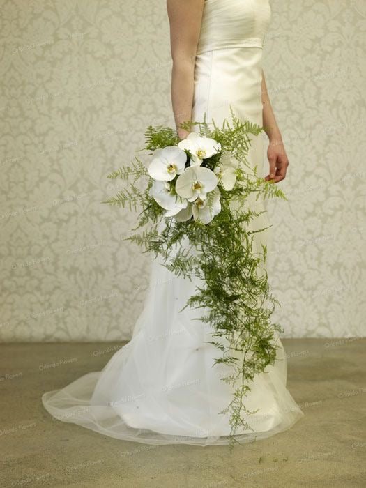 Bride holding cascading white orchid bouquet with green plumosa fern in elegant ivory wedding gown